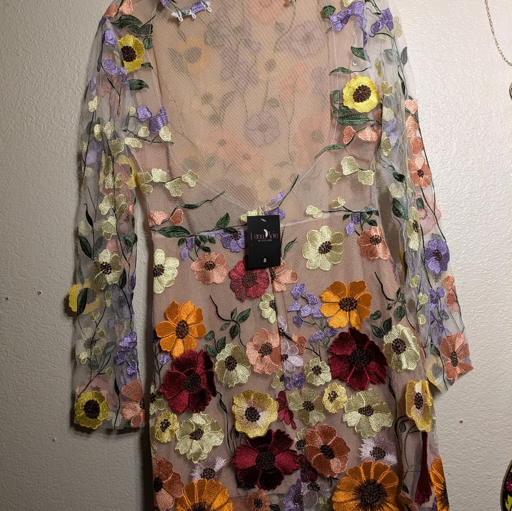 Lena Vie Boutique Floral Embroidered Sheer Dress Size Small - Picture 7 of 12